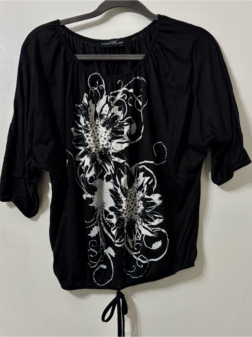 INC International Concepts Black Floral Tie-Hem Tunic